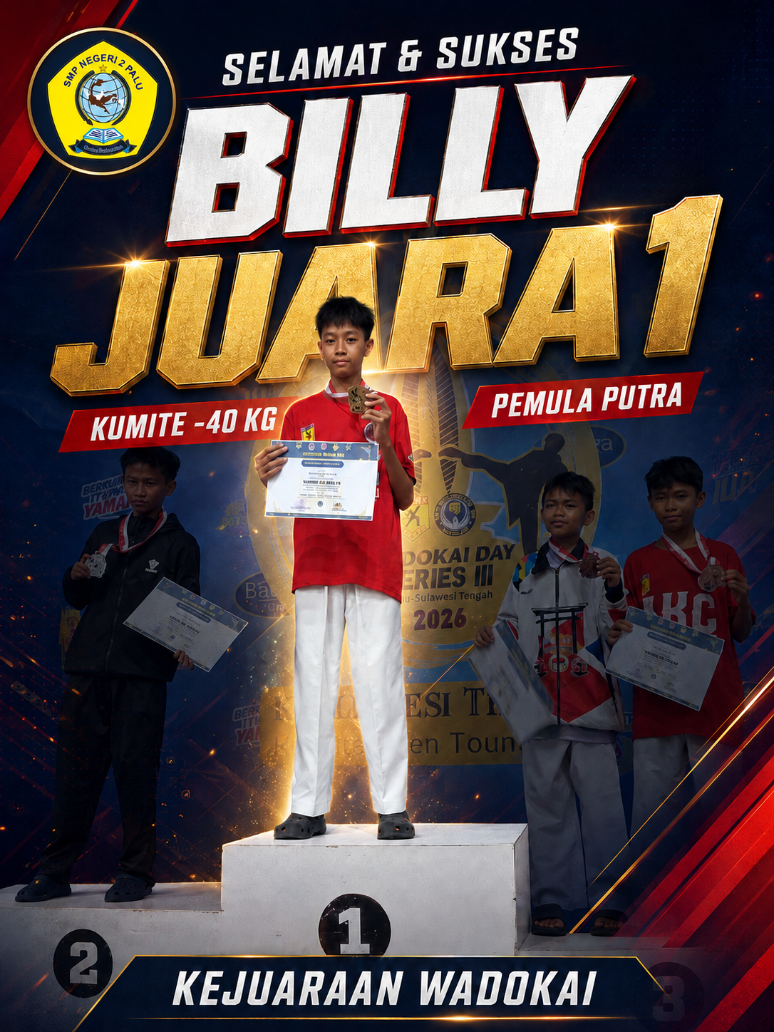 Billy, Siswa SMP Negeri 2 Palu, Sabet Juara 1 di Kejuaraan Wadokai Karate