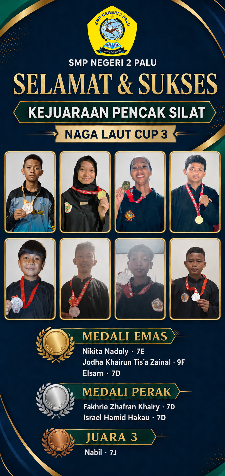 Siswa SMP Negeri 2 Palu Raih Prestasi di Kejuaraan Pencak Silat Naga Laut Cup III Se-Sulawesi Tengah